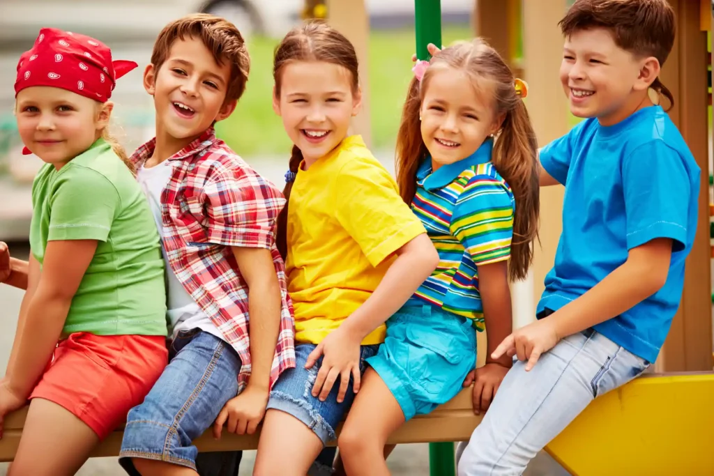 cheerful students sitting row